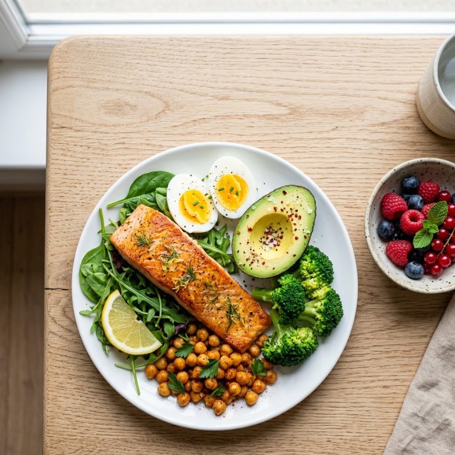 Plato GLP con salmón, huevo, palta y verduras
